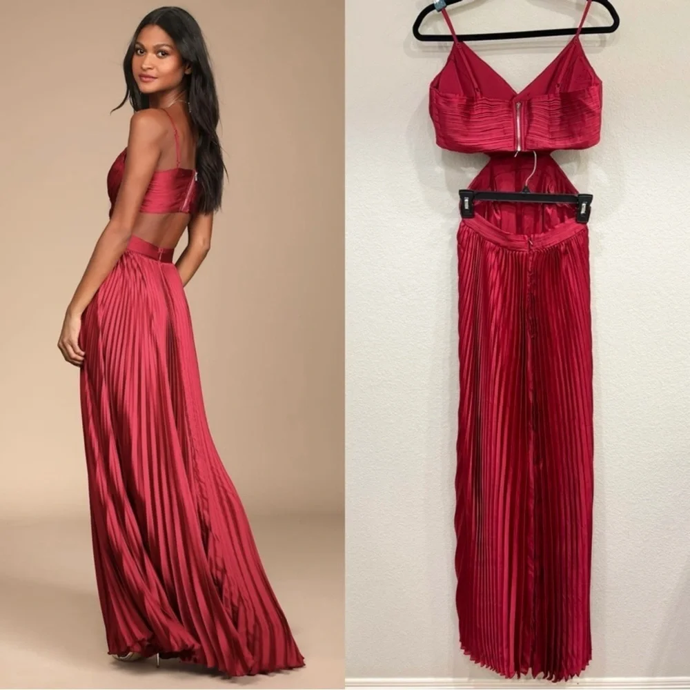 NWOT Lulus Got the Glam Wine Red Pleated Cutout Maxi Dress - Picture 5 of 9